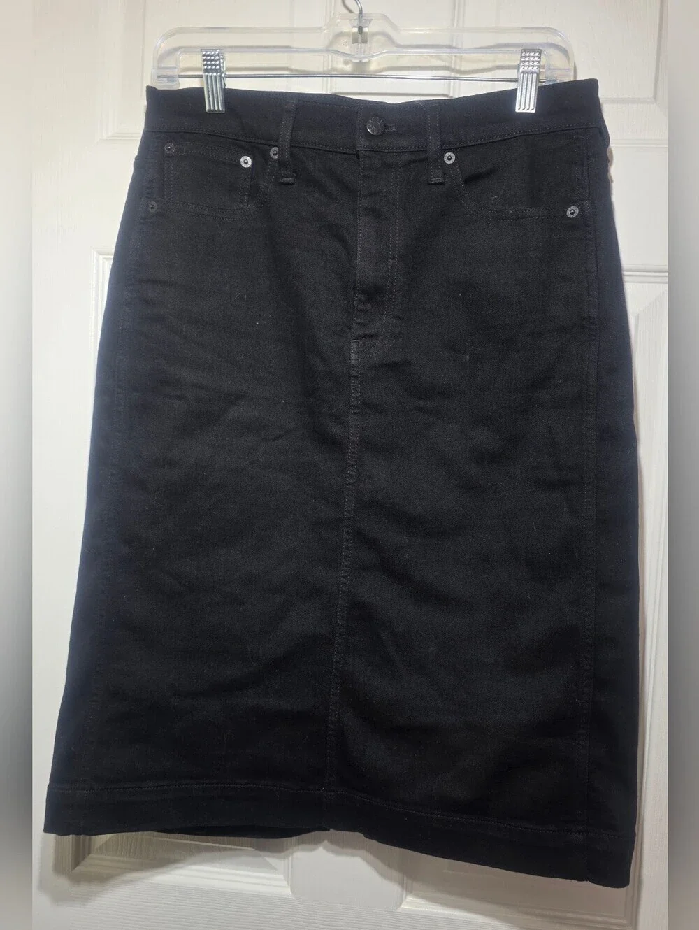 J.Crew Black Denim Pencil Midi Skirt Women Size 8 Classic 5-Pocket Stretch